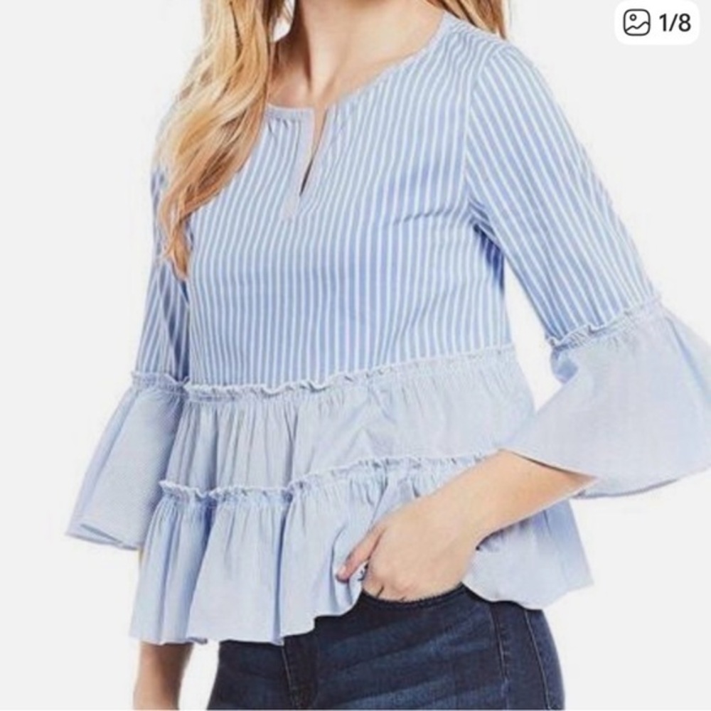Ivanka Trump Light Blue Striped Peplum Ruffle Sleeve Blouse